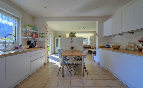 Ensemble immobilier comprenant une maison, deux entrepôts et un vaste terrain